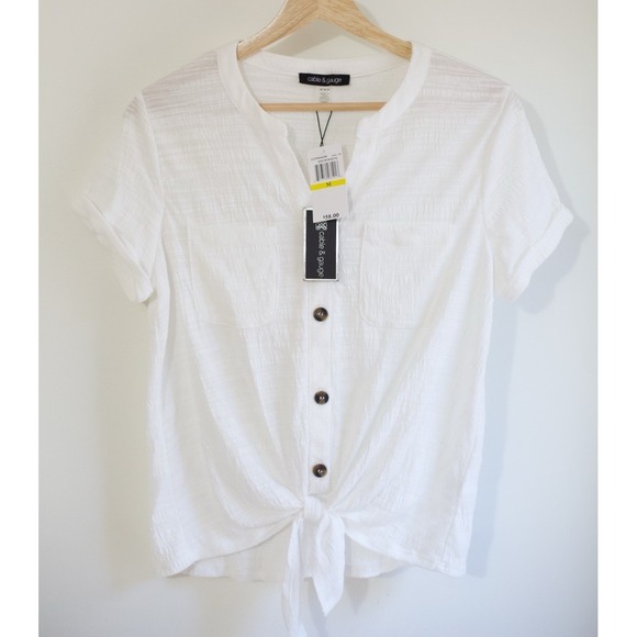 Cable & Gauge Tops - Cable & Gauge White Cotton Blouse | Short Sleeve Button Tie Front | M